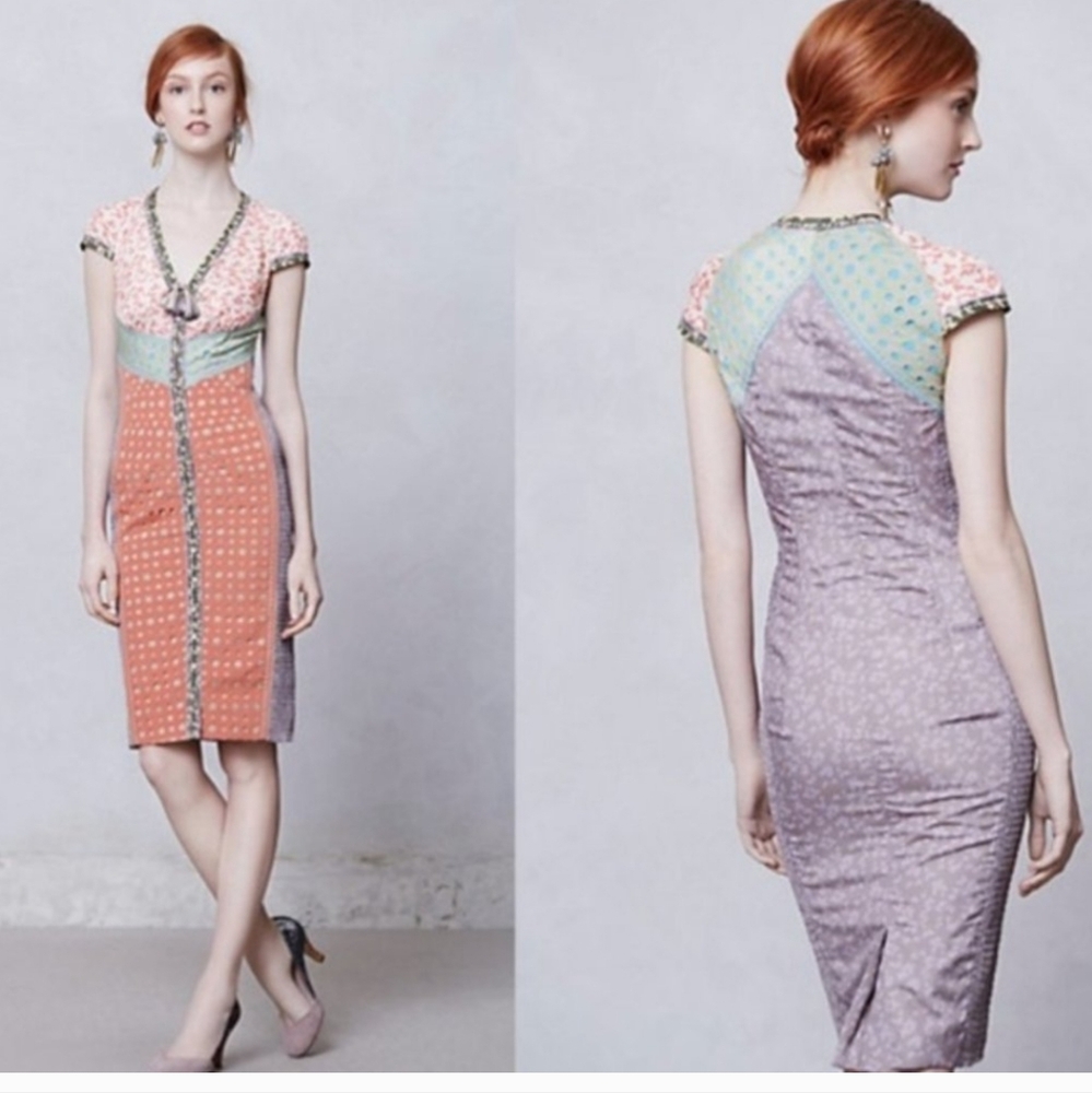 Byron Lars Patchwork Midi Dress in Coral, Lavender, Mint and Pink